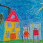 Рисунок "Дети подтягиваются на турнике возле дома"
