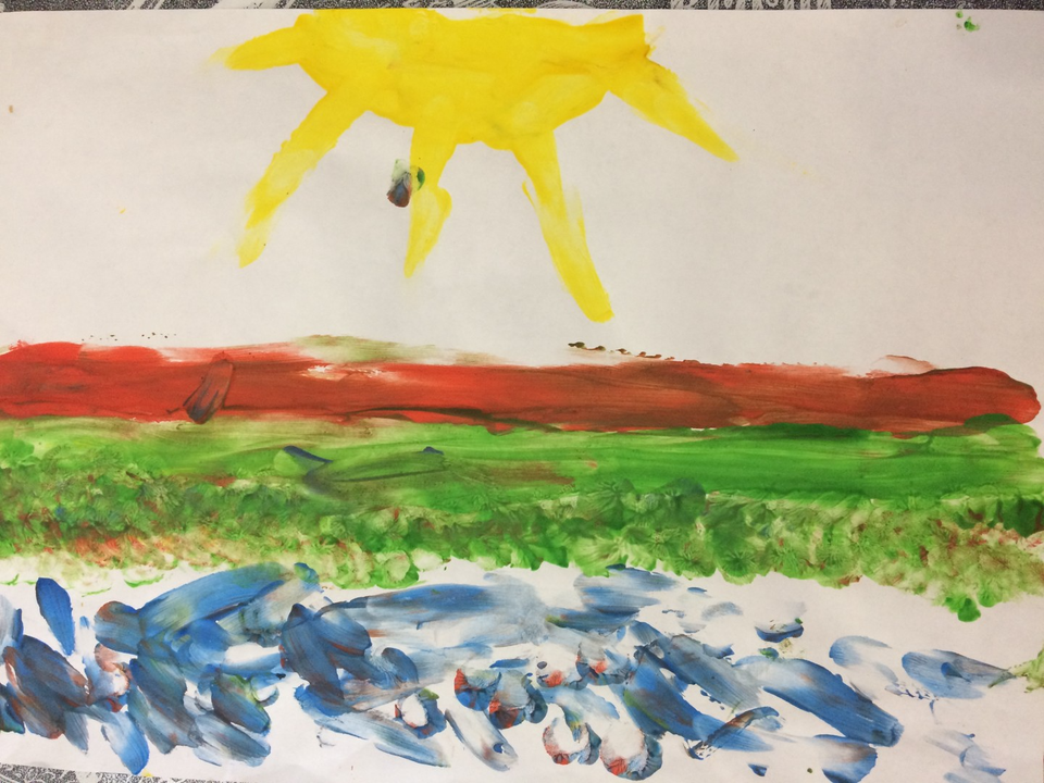 Детский рисунок - Рассвет на озере