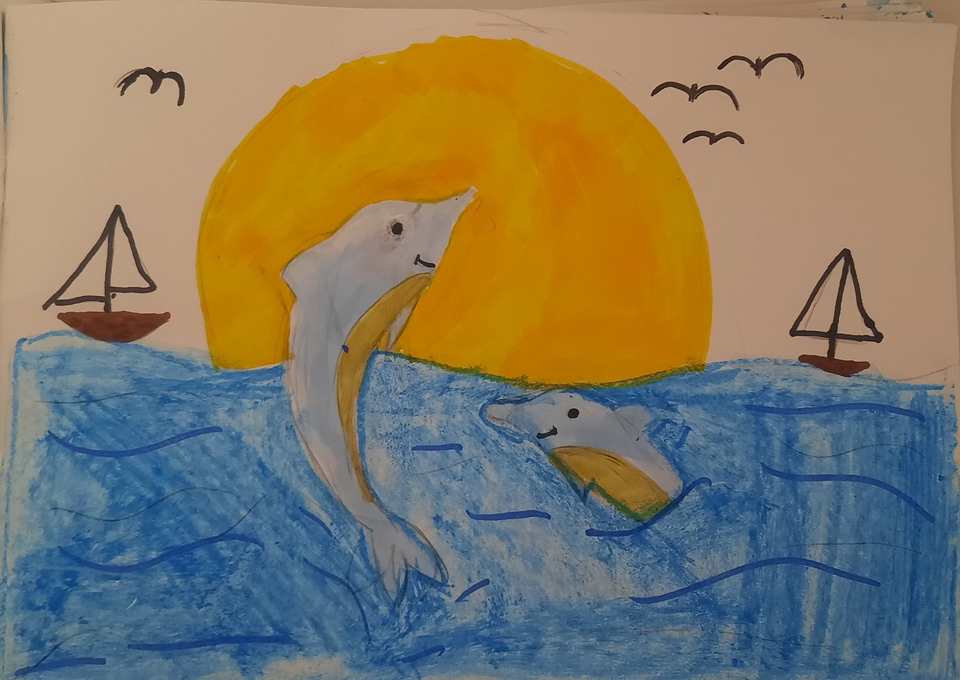 Детский рисунок - Закат и дельфины