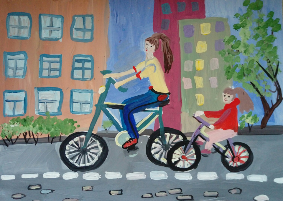 Детский рисунок - Прогулка на велосипедах