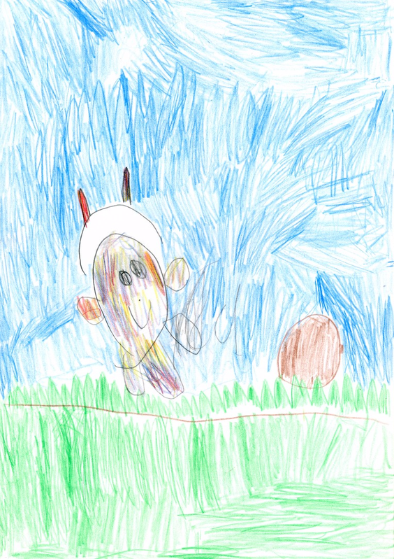 Детский рисунок - Кукутик на прогулке