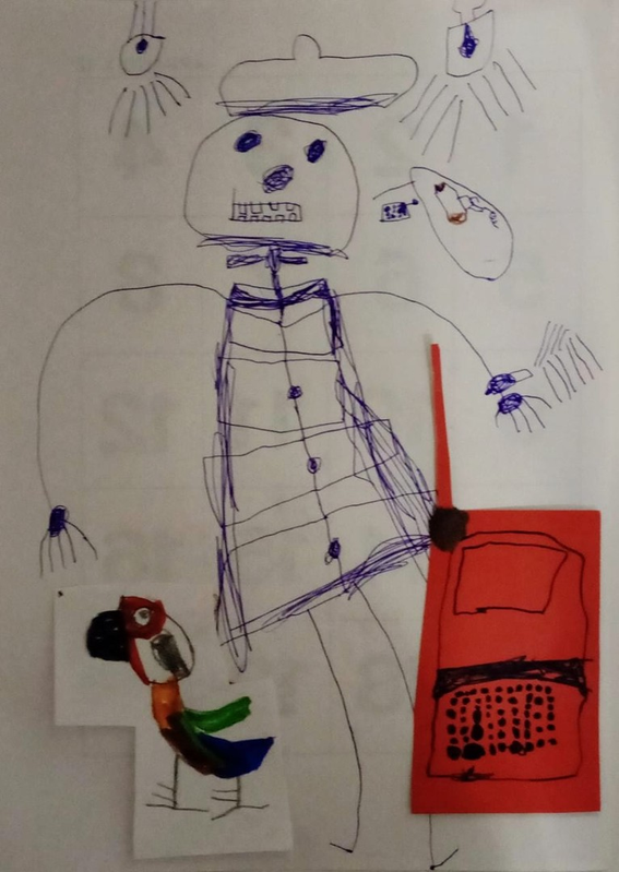 Детский рисунок - Скелетик-снеговик перемещается во времени и пространстве