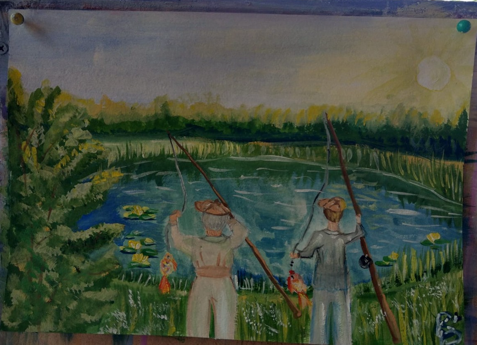 Детский рисунок - Рыбалка на озере Неро