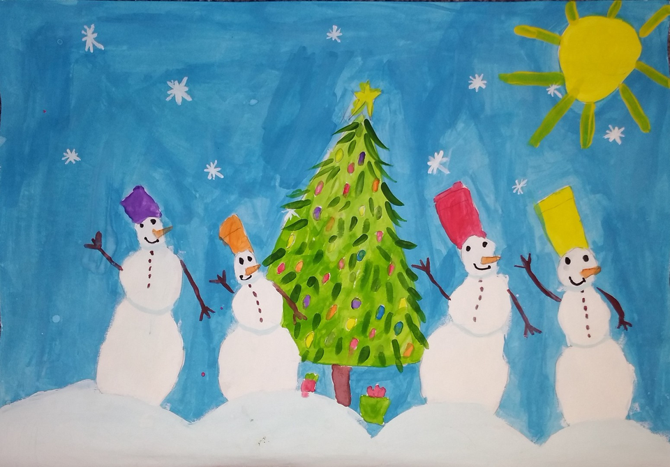 Детский рисунок - Дружная семья снеговиков