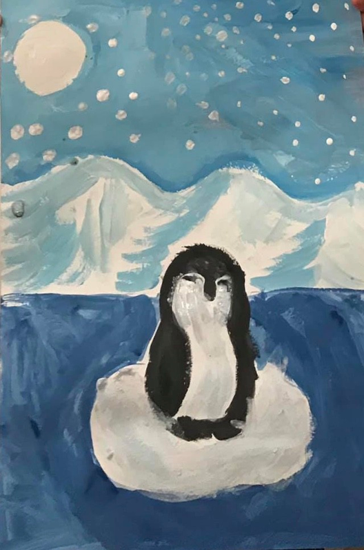 Детский рисунок - Новогодний пингвин