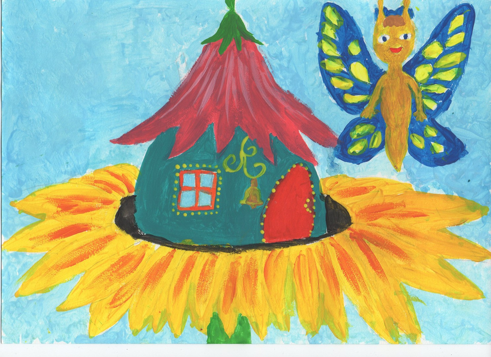 Детский рисунок - Цветочный домик для бабочки
