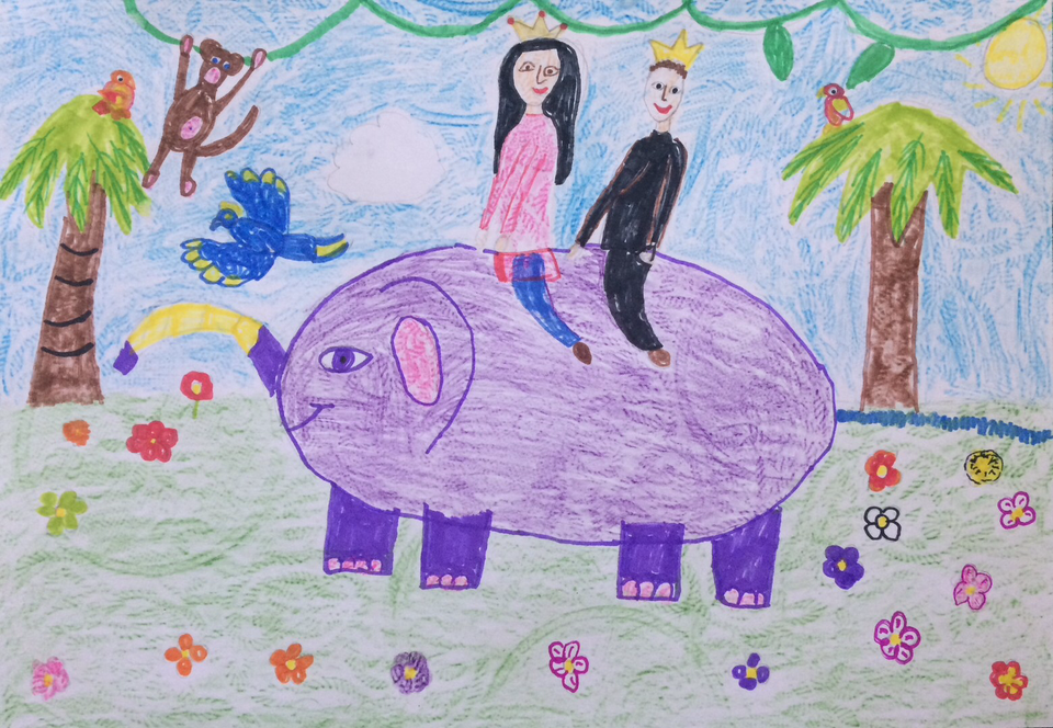 Детский рисунок - Принцесса Принц и Верный слоник