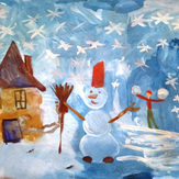 Рисунок "Лепим мы снеговика" на конкурс "Конкурс детского рисунка “Новогодняя Открытка-2019”"