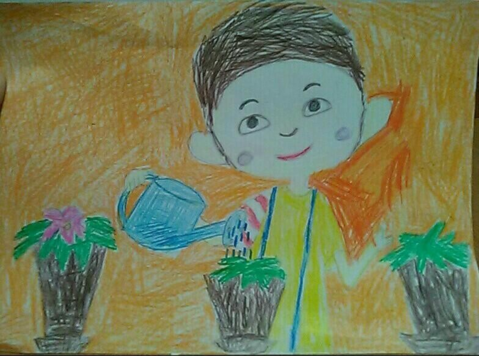 Детский рисунок - Нестор ухаживает за цветами
