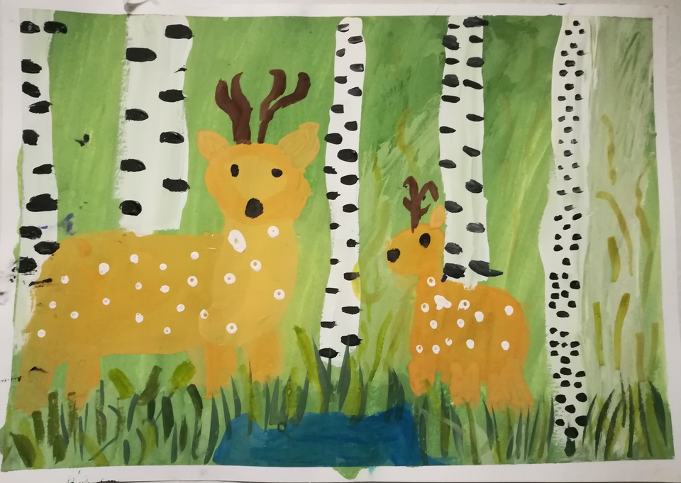 Детский рисунок - Оленята в лесу