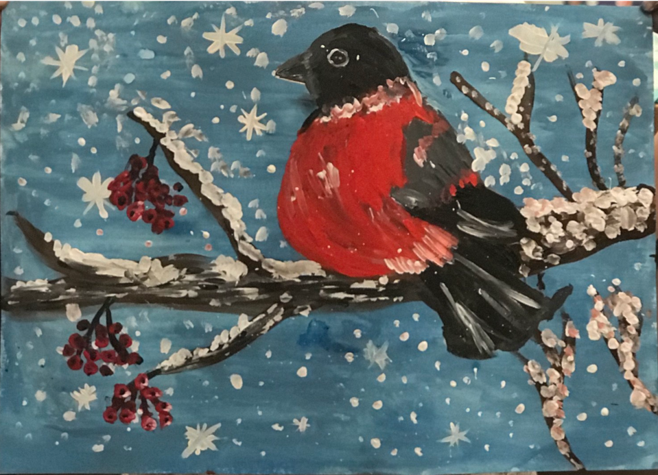 Детский рисунок - Снегирь в ожидании Нового Года