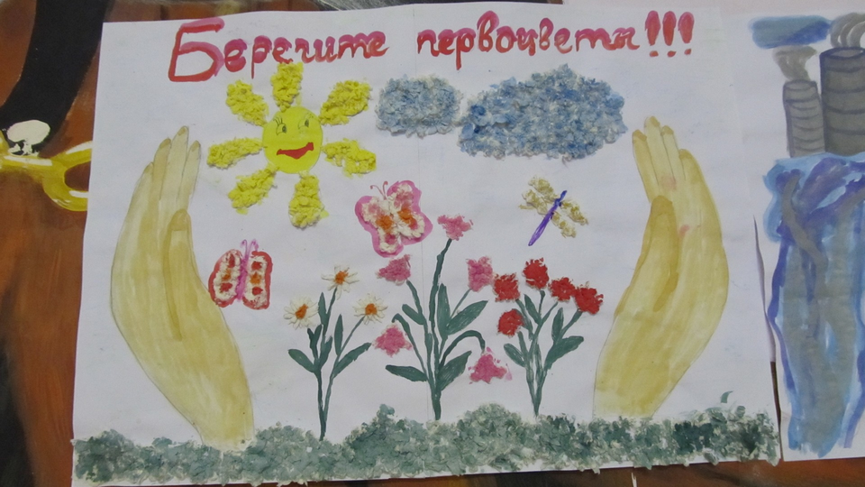 Детский рисунок - Берегите первоцветы