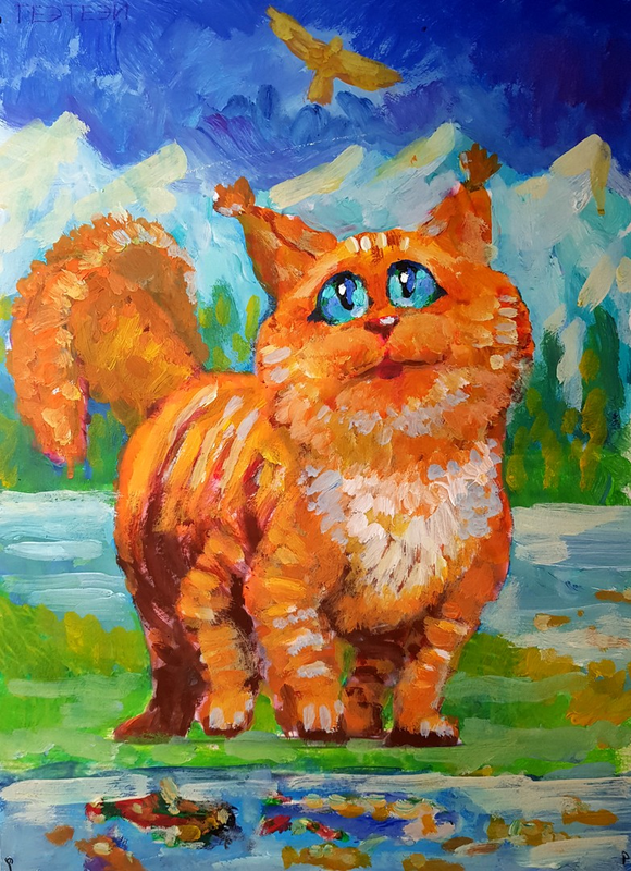 Детский рисунок - Сон со сказочным 6 лапым котом по имени Гэтэй