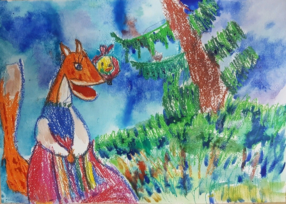 Детский рисунок - Лиса и колобок