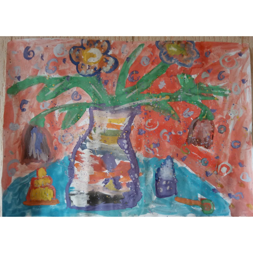 Детский рисунок - Ваза с волшебными цветами