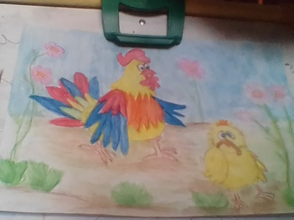 Детский рисунок - Цыплёнок и петух