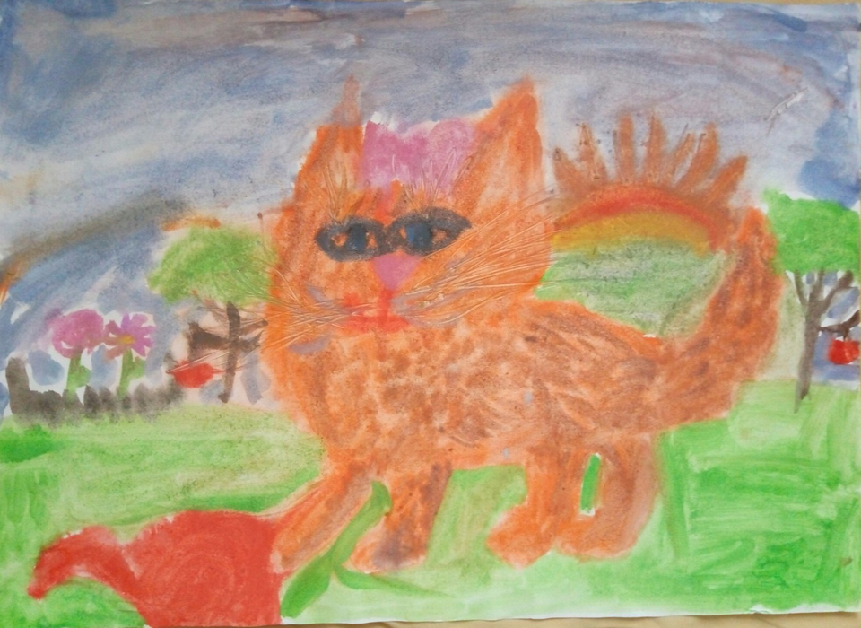 Детский рисунок - Рыжий кот с клубком