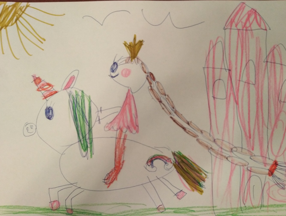 Детский рисунок - Принцесса Михаэла скачет на единороге на прогулку