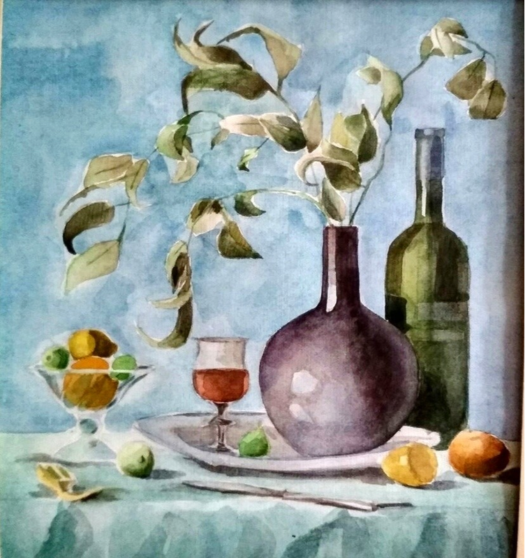 Детский рисунок - Натюрморт Вино и фрукты