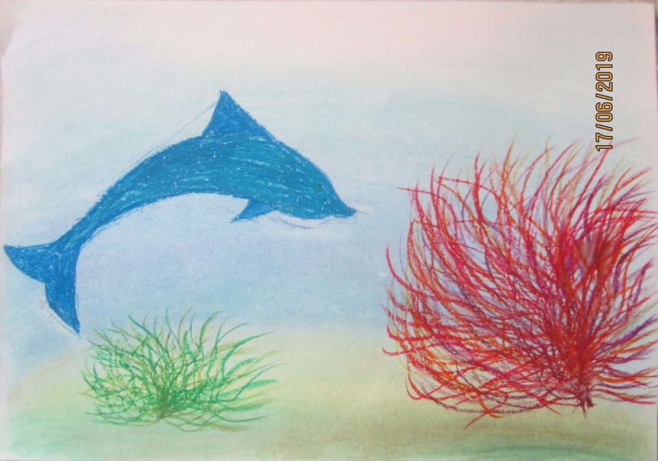 Детский рисунок - Чистое море-счастливые дельфины