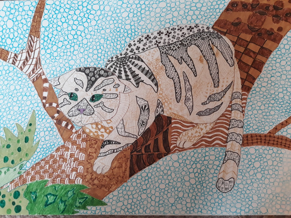 Детский рисунок - Пушистый кот на охоте