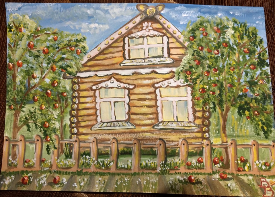 Детский рисунок - Домик окнами в сад