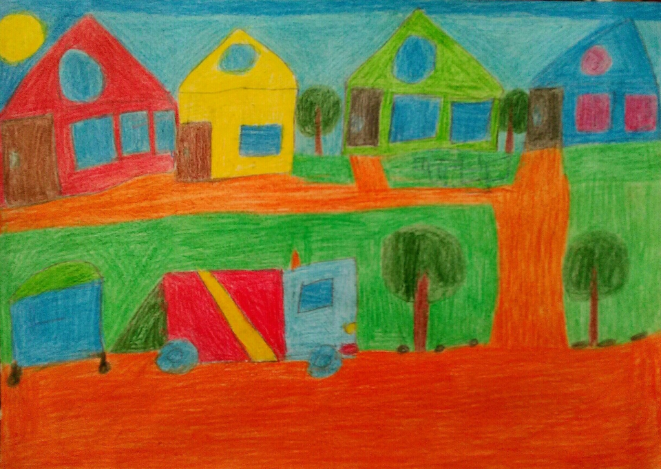 Детский рисунок - Мусоровоз забирает мусор на базе летнего отдыха