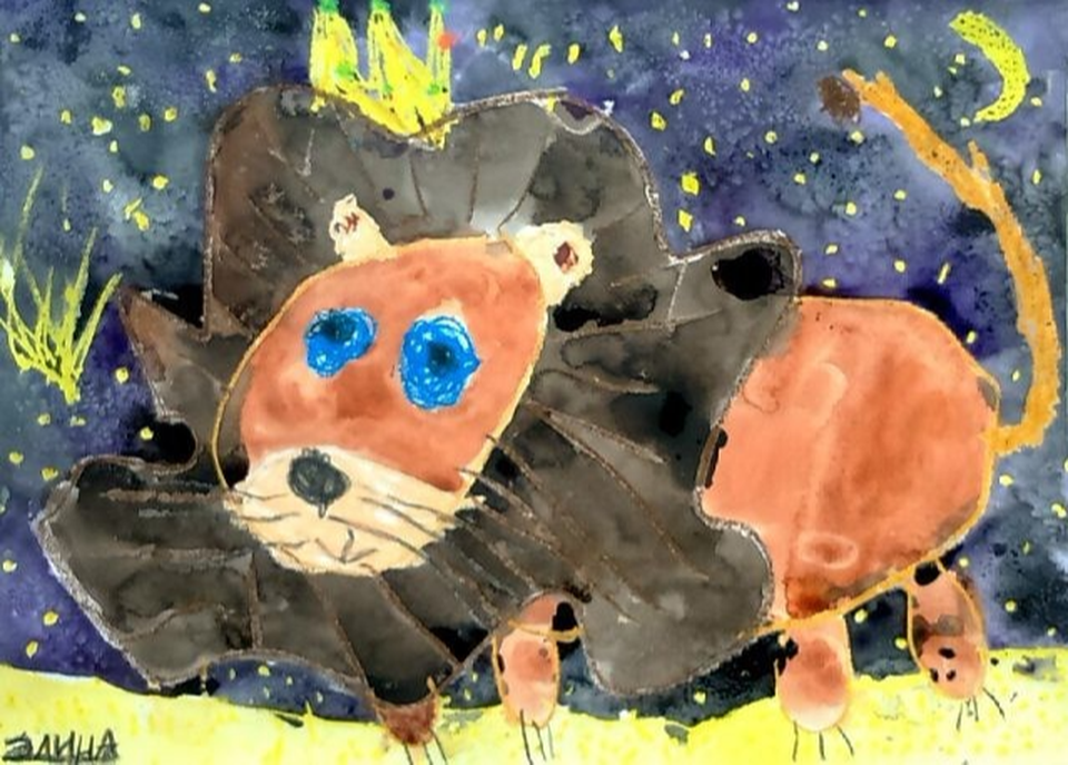 Детский рисунок - Лев смотрит на звезды
