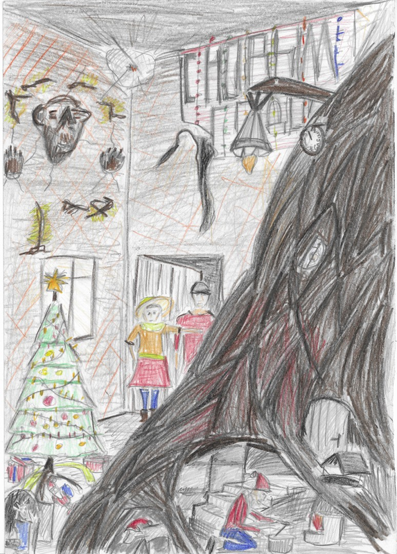 Детский рисунок - Новый год в волшебной хижине
