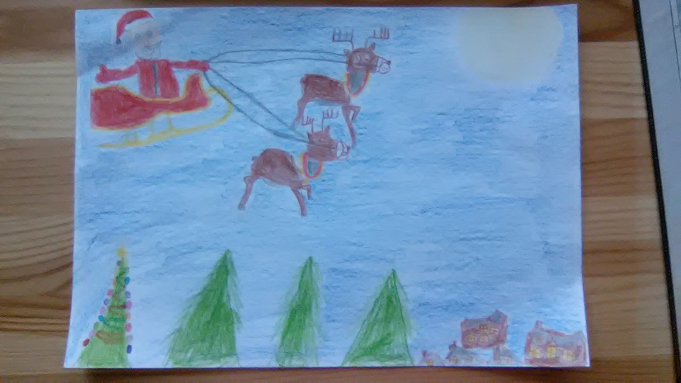 Детский рисунок - Дед Мороз спешит доставить подарки