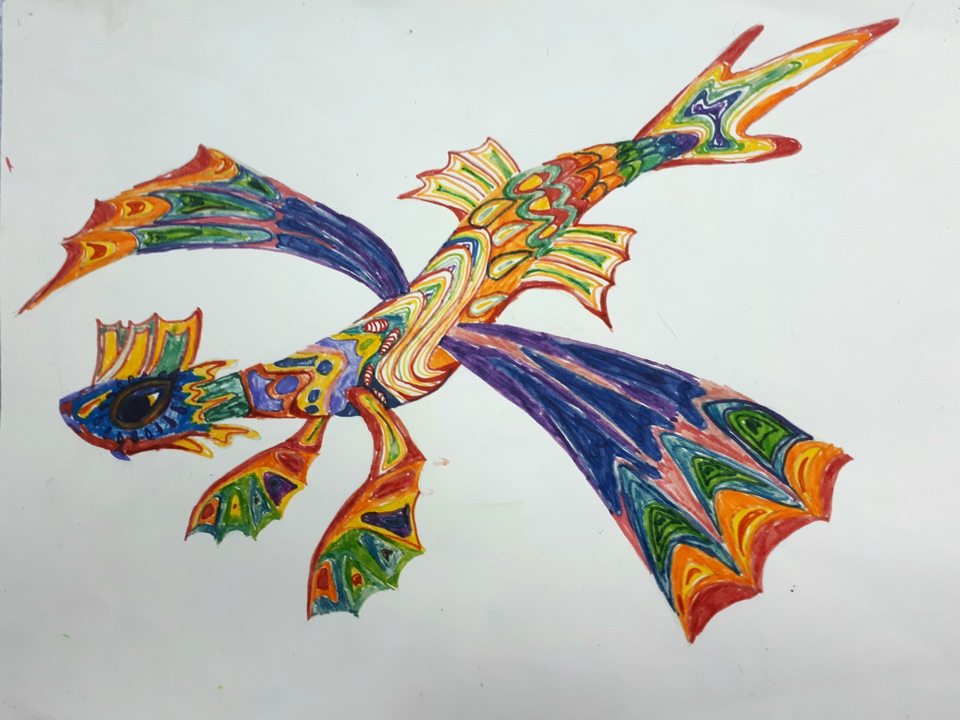 Детский рисунок - Радужный дракончик