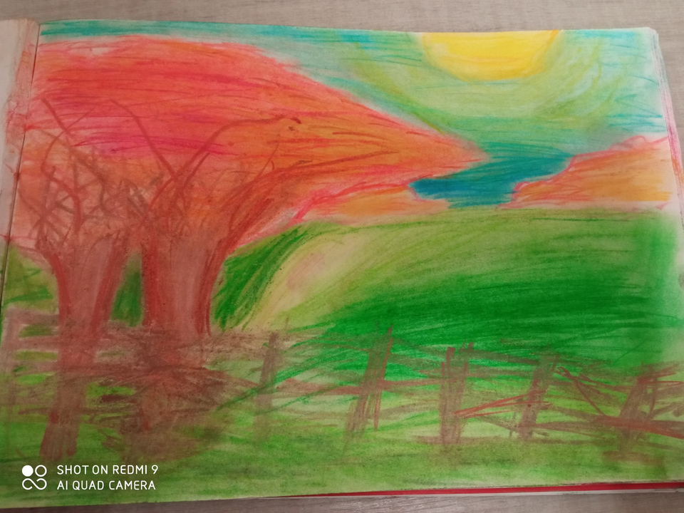 Детский рисунок - Сельский пейзаж