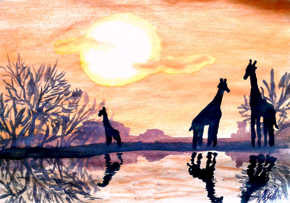 Детский рисунок - Семья жирафов