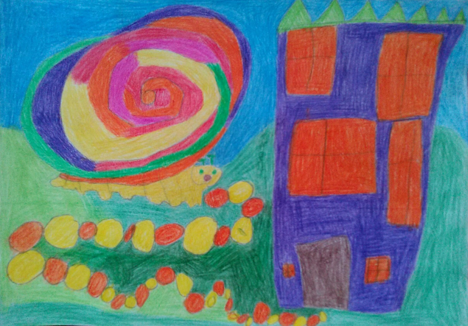 Детский рисунок - Улитка ползёт по дорожке в свой дом