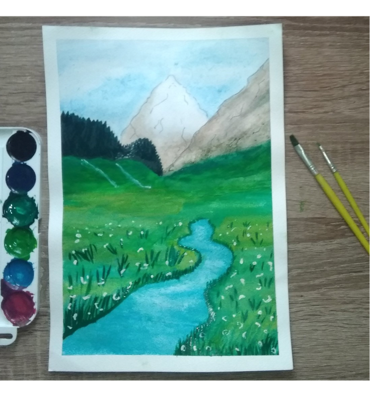 Детский рисунок - Река и горы