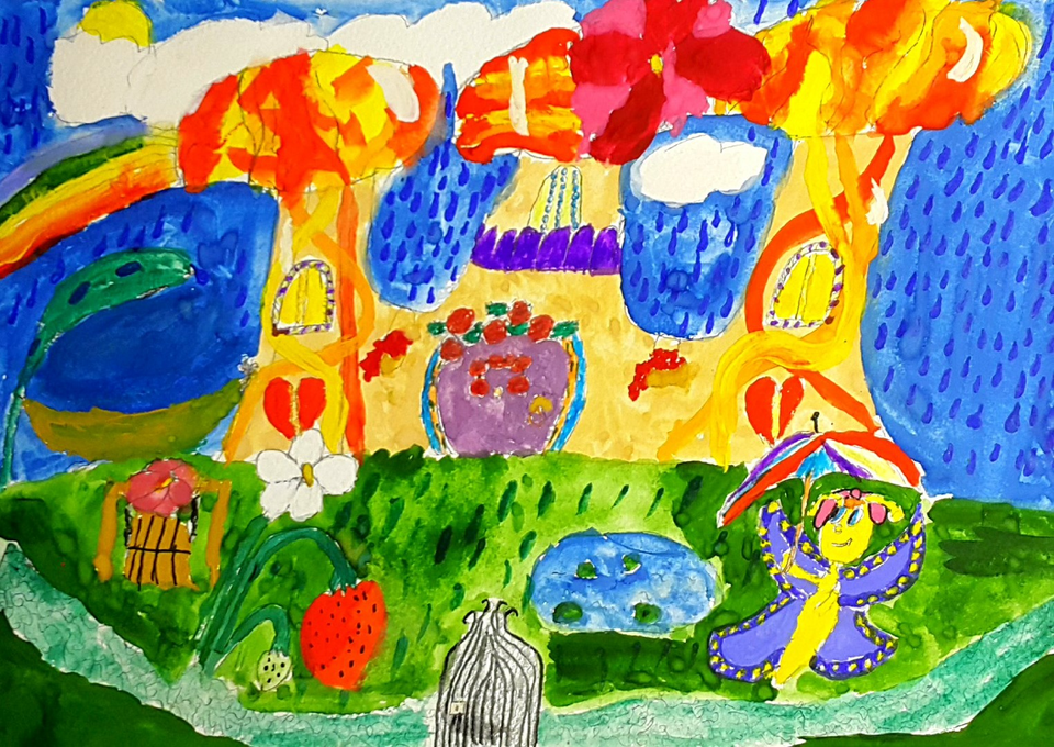 Детский рисунок - Эвелинка и грибочный замок