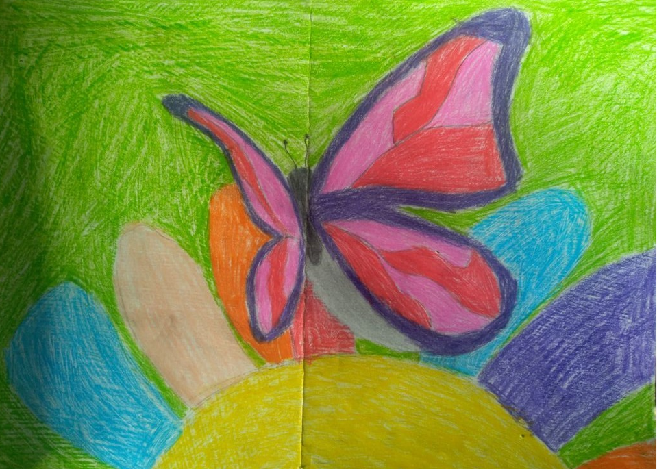 Детский рисунок - Бабочка летит к цветику семицветику