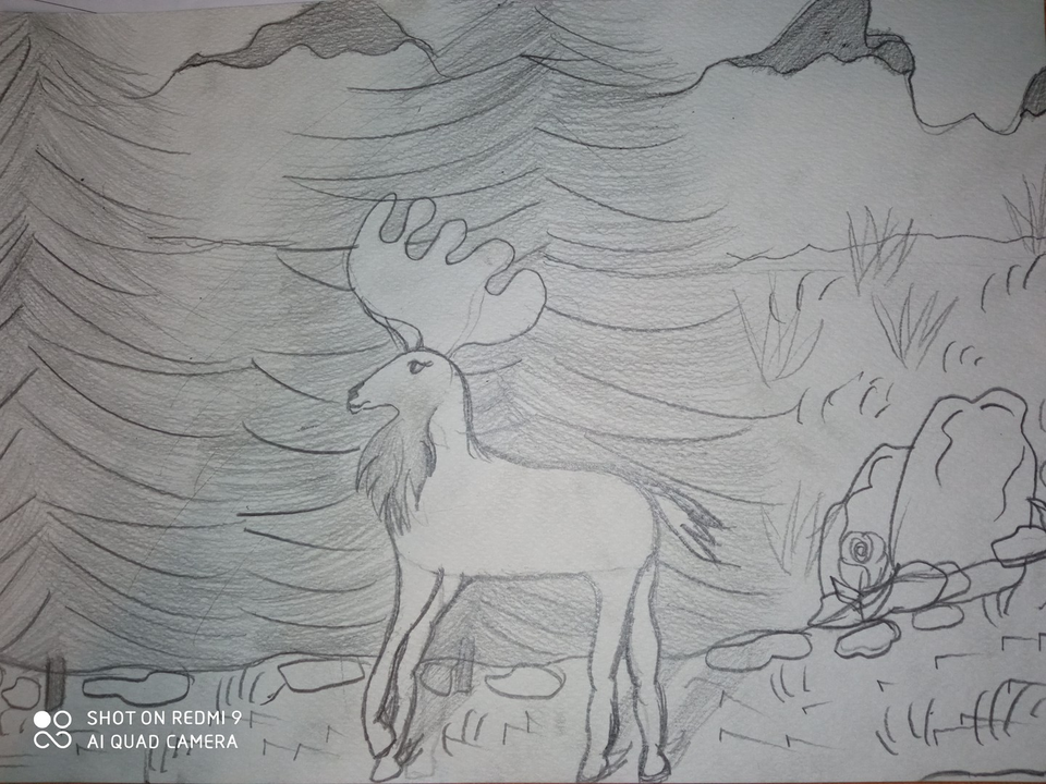 Детский рисунок - Лось в лесу