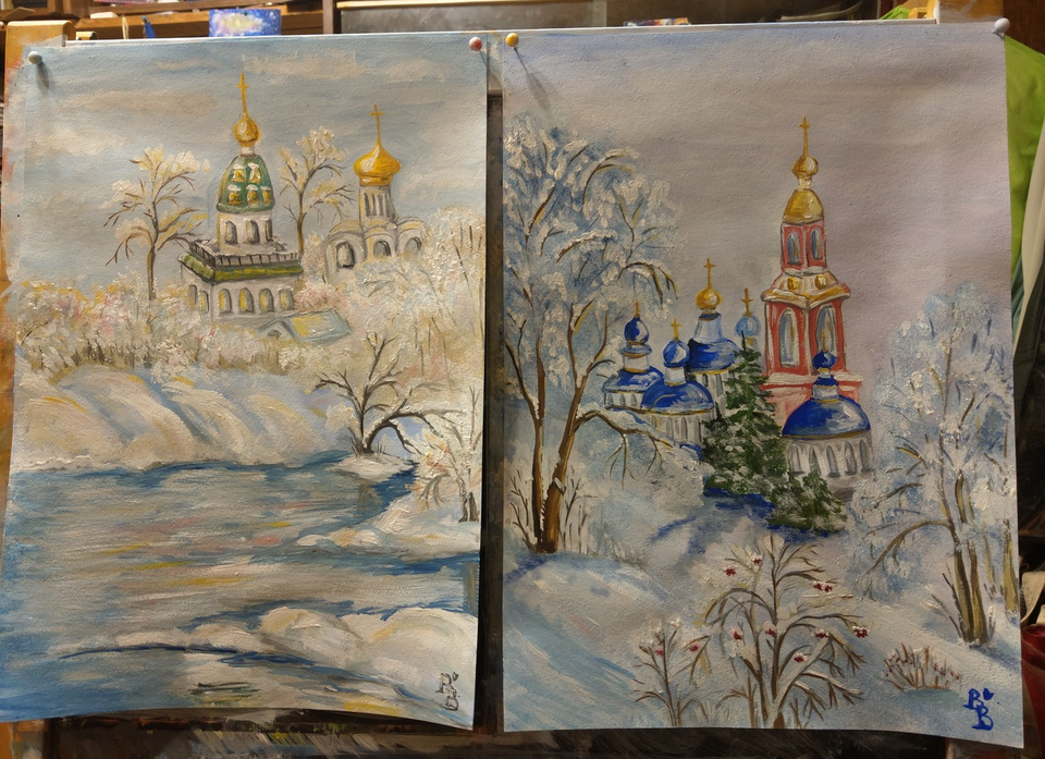 Детский рисунок - Диптих_Волшебная поездка по зимним городам России