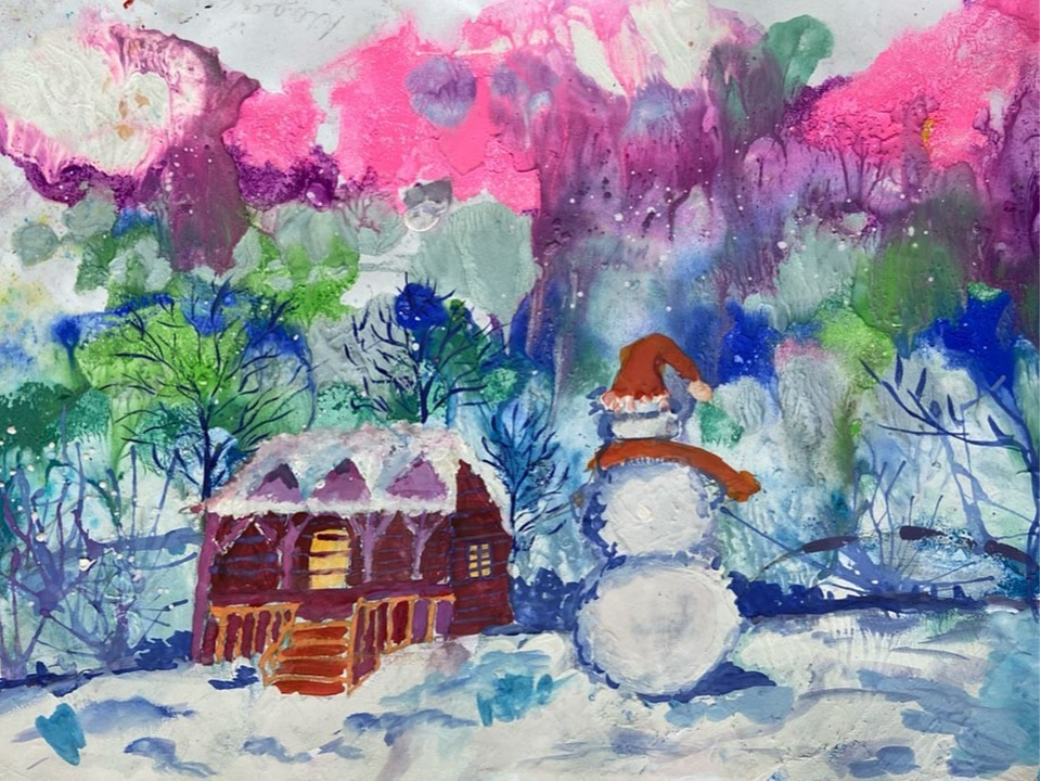 Детский рисунок - Снеговик на закате