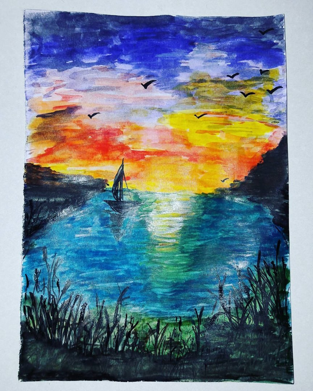 Детский рисунок - закат на озере