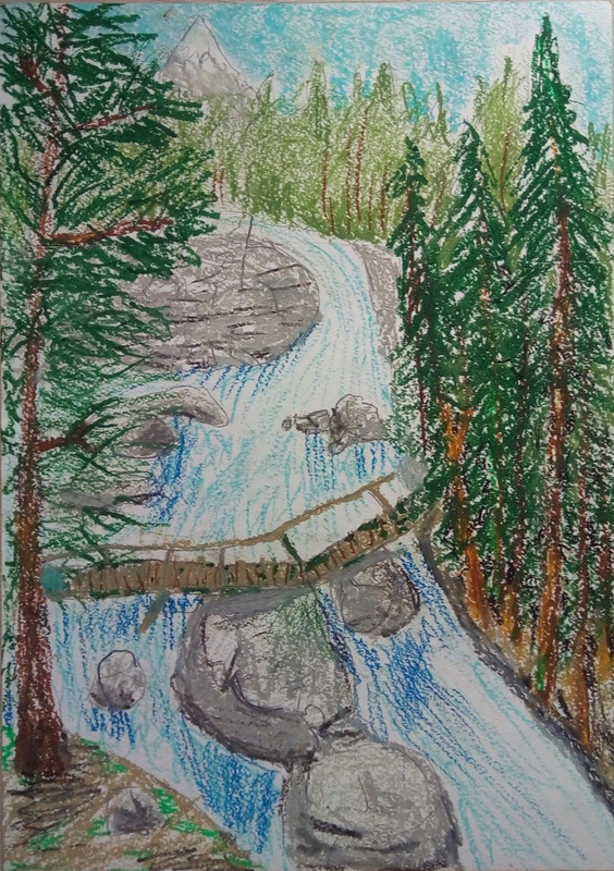 Детский рисунок - Старый мост в лесу чудес