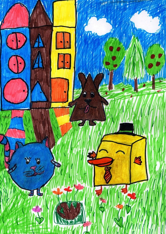 Детский рисунок - Шарик и кубик в гостях у конуса