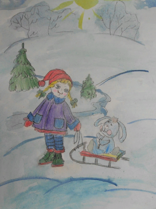 Детский рисунок - Зимняя прогулка