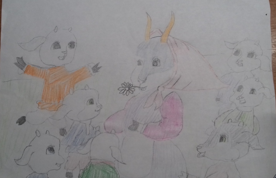 Детский рисунок - Коза и семеро козлят