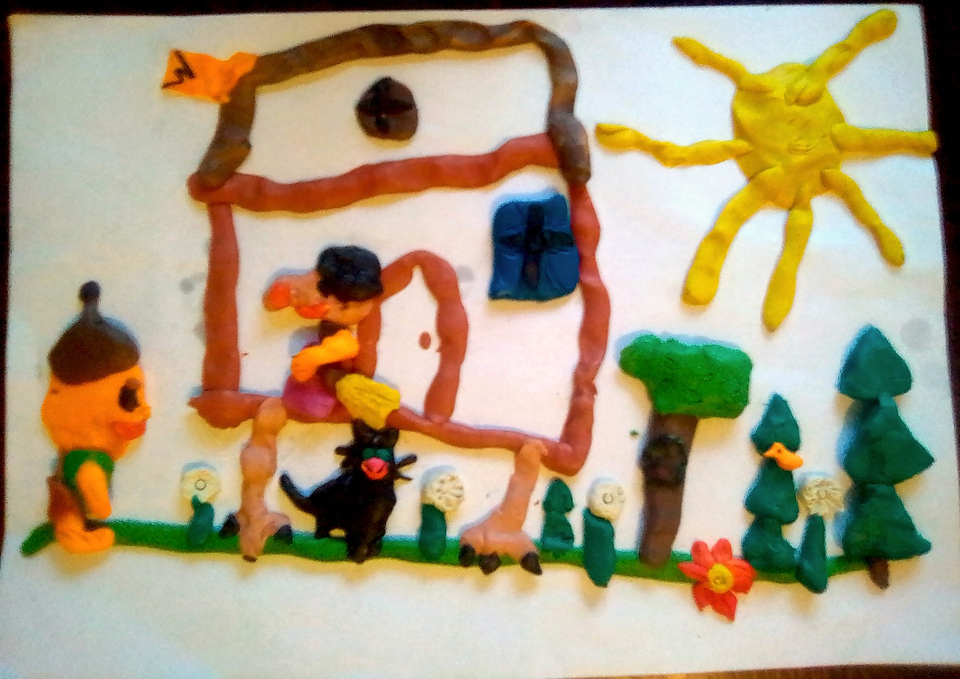 Детский рисунок - Богатырь в гостях у Бабы Яги в сказочном лесу