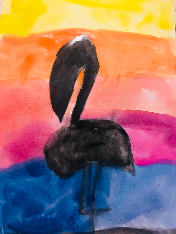 Детский рисунок - Фламинго на закате