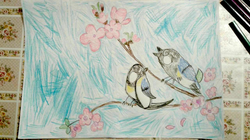 Детский рисунок - Птички на веточке