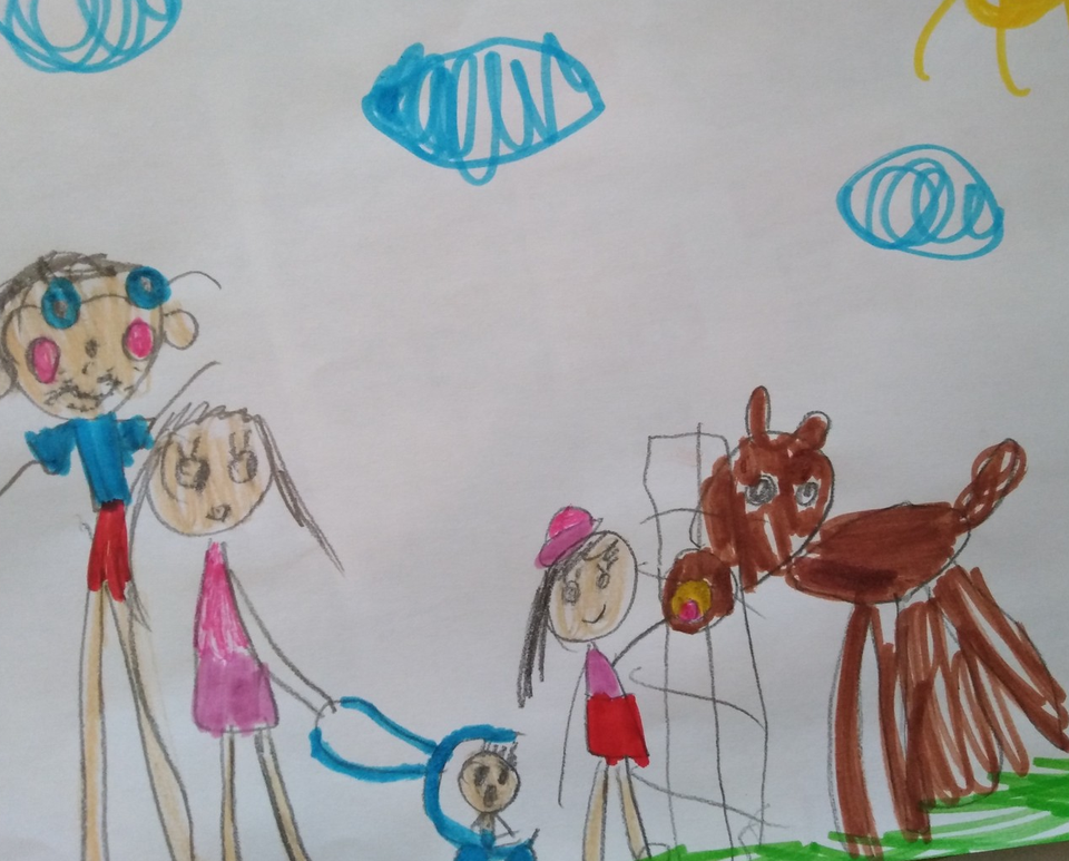 Детский рисунок - Семья летом в зоопарке