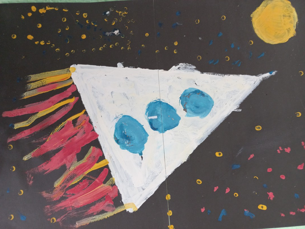 Детский рисунок - На ракете в гости  к Луняше